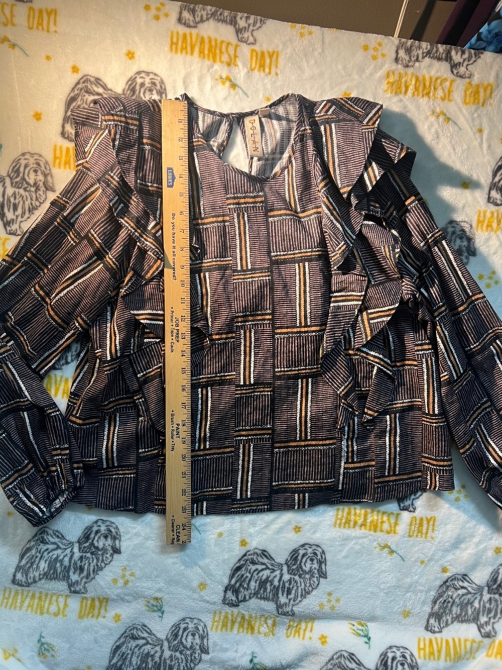 Dolan Black and Brown Geometric Ruffle Blouse Long Sleeve Cotton Blend
